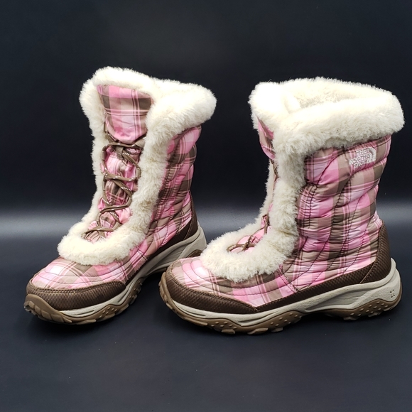 The North Face Nuptse Goose Down and Fur Winter Boots-Pink Plaid Girls Size 5 - Picture 7 of 12